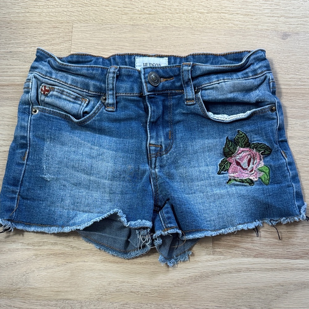 Hudson Girls distressed jean shorts with rose embroidery, Size 10